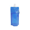 A drink bottle in blue, featuring a collapsible design and a carabiner clip. It has a spout on top.