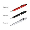 A set of three metal pens in red, black, and silver, each with a logo displayed on the side.