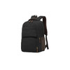A grey canvas laptop backpack with brown accents and multiple pockets. It features padded shoulder straps.