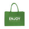 A green customizable felt tote bag with two handles and a logo on the front.
