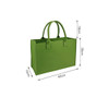 A green felt tote bag with two handles, featuring dimensions of 40cm x 30cm x 15cm. It has a logo.