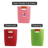 A pink, red, and green felt tote bag feature rounded handles and various decorative styles, including logos.