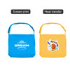 A blue canvas tote bag with a logo and a yellow tote featuring a graphic design, both with long straps.