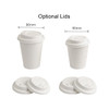 Two white compostable paper cups with optional lids are displayed, highlighting their sizes. A logo is visible.