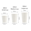 Three sizes of PLA single wall compostable paper cups displayed: small (280ml), medium (420ml), and large (500ml), in white.