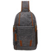 A grey waxed canvas camera sling bag with brown leather accents and adjustable straps. Features side pockets and a logo.