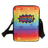 A vibrant, multi-coloured cross body bag with a black strap and a logo on the front.