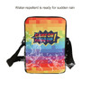 A vibrant, rainbow-coloured sublimation cross body bag with a black strap and a water-repellent surface.