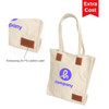 A cream canvas bag with a magnetic snap and a branded PU leather label. It has tan straps and accents.