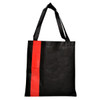 A black tote bag featuring a red stripe, with long black handles and an additional pocket detail.