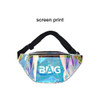 A holographic waist bum bag with a zippered compartment and adjustable strap. It features a logo on the front.