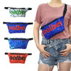 A collection of four sublimation bum bags in green, blue, and red, featuring a logo and worn across a model’s body.