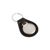 A black PU leather keyring with a metal circular attachment and a silver keyring. It has a logo.