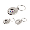 A metallic round trolley coin keyring featuring multiple designs, with a keyring loop attached.