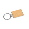 A rectangular wooden keyring with a polished metal keychain, featuring a light wood finish.