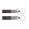 A black PU leather keyring with metal accents and a logo, featuring a sleek, minimalist design.