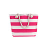 A pink and white striped tote bag featuring a rope handle. The bag has a simple, stylish design.
