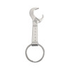 A drink bottle opener shaped like a wrench, made of metal with a silver finish, featuring a keyring attachment.