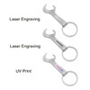 A drink bottle opener in the shape of a wrench, made of metal, featuring a keyring and options for engraving or print.