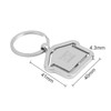 A metal keyring in a house shape, featuring a shiny silver finish and a circular keychain attachment.