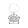 A silver metal keyring in the shape of a house, with a circular keyring attachment.