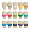 A range of reusable cups in natural colour with various coloured silicone bands. Each cup has a lid and a logo.