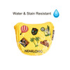 A yellow mallet putter cover featuring various embroidered patches and a logo, designed to be water and stain resistant.