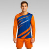 A long-sleeved sports shirt in blue and orange with a logo, featuring dynamic stripe patterns.