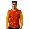 A long-sleeved shirt featuring a vibrant red and yellow design, made of 100% polyester micro mesh, with a logo.