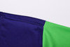 A close-up of a unisex long sleeve shirt featuring a navy blue and green design, with visible stitching details.