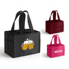 A felt wine tote bag in grey with a beer graphic, alongside red and burgundy versions, each featuring branding.