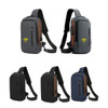 A collection of anti-theft sling bags in grey, black, and navy, featuring various pockets and a logo.