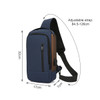 A blue anti-theft sling bag features an adjustable strap, multiple zippered pockets, and a compact design.