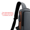 A grey anti-theft sling bag featuring a side strap and a combination lock. It has a simple, modern design.