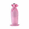 A pink drawstring bag designed for holding a wine bottle, featuring a simple logo on the surface.