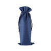 A drawstring bag in blue fabric, designed to hold a wine bottle, featuring a black drawstring closure.