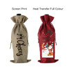 Two wine drawstring bags, one in brown with a "Cheers" design and another in red featuring a Christmas theme. Both have logos.