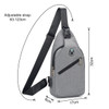 A grey sling chest bag with an adjustable strap, featuring a zip pocket and a logo. Dimensions included.