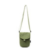 A small size canvas shoulder bag in olive green with a flap closure and adjustable strap. It features a logo.