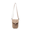 A small sized canvas shoulder bag in a light beige colour with a simple design and adjustable strap.