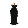 A drink bottle bag in black flannel with a drawstring closure, featuring a cork top and simple design.
