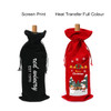 A drink bottle bag in black flannel on one side and red flannel with a festive design on the other. Both feature drawstrings.