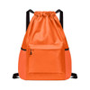 An orange multi-pocket drawstring backpack featuring a front zip pocket and adjustable black straps.