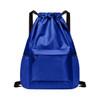 A blue multi-pocket drawstring backpack with a front zip pocket and black straps. It has a textured surface.