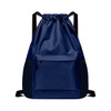 A navy blue multi-pocket drawstring backpack with adjustable straps and a front zippered pocket.