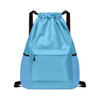 A blue multi-pocket drawstring backpack featuring a front zip pocket and adjustable straps. It has a logo on it.
