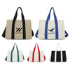 A collection of five canvas grocery shopping bags in beige, white, green, red, and black, each with unique designs and logos.