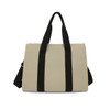 A beige canvas grocery shopping bag with black straps and a detachable shoulder strap. It features a logo.