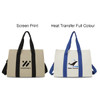 Two canvas grocery shopping bags in beige and white. One features a black logo, and the other has blue straps with a printed design.