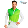 A unisex long-sleeved polo shirt featuring a green and white design, with a logo and made from recycled materials.